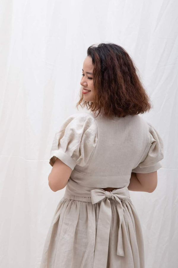 Áo Linen Tưng Premium - Croptop Tay Xếp Ly Nơ Sau