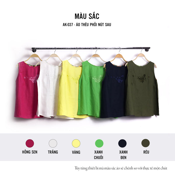 Áo thêu tay phối nút sau vải linen – Thiết kế tinh tế, nữ tính và thoáng mát