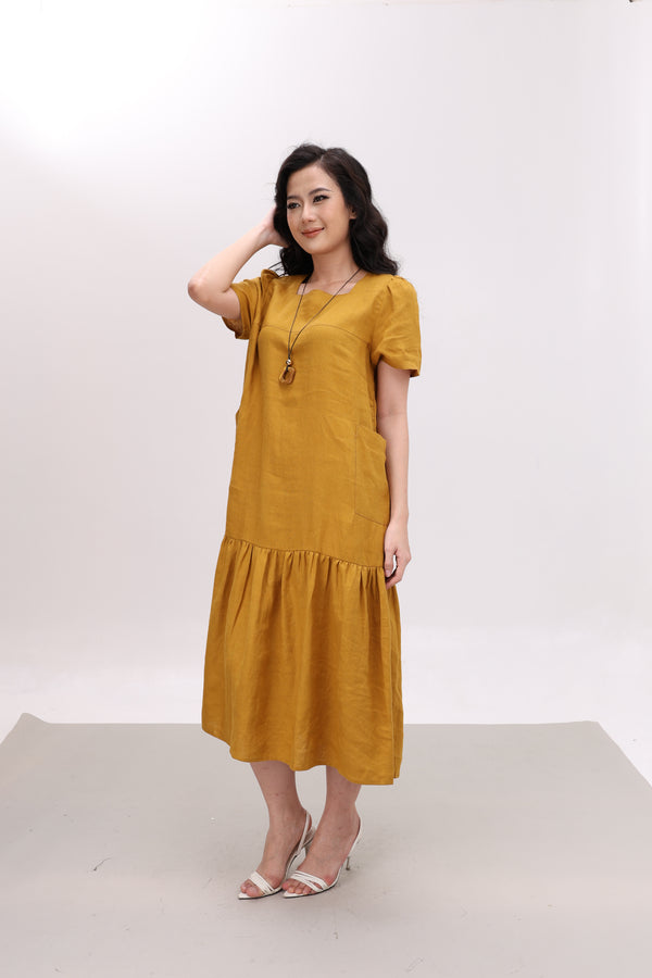 Đầm Linen Tưng Premium - Cổ vuông túi nổi