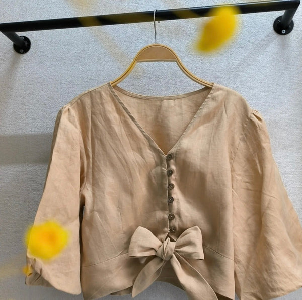 Áo Linen Tưng Premium - Croptop Tay Phồng Cổ Tim