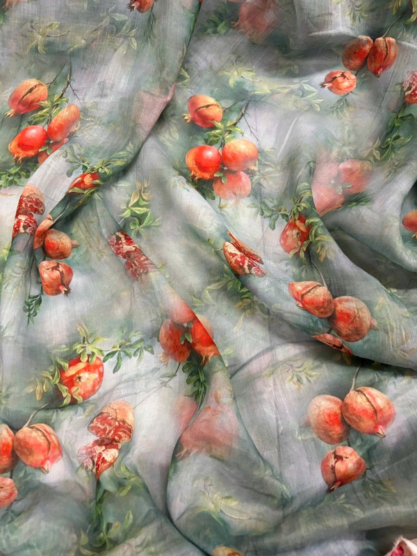 Vải Linen Tơ Bông - Quả Lựu Nền Xanh