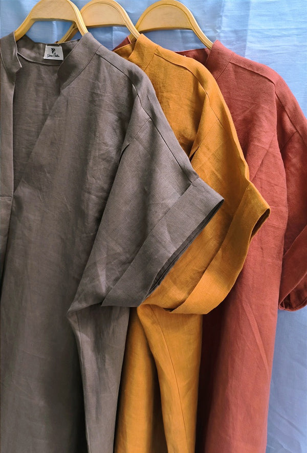 Đầm Linen Tưng Premium - Xếp Ly Vai Hất Cổ