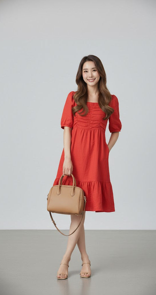 Đầm Linen Tưng Premium - Nhúng Ngực Tay Phồng