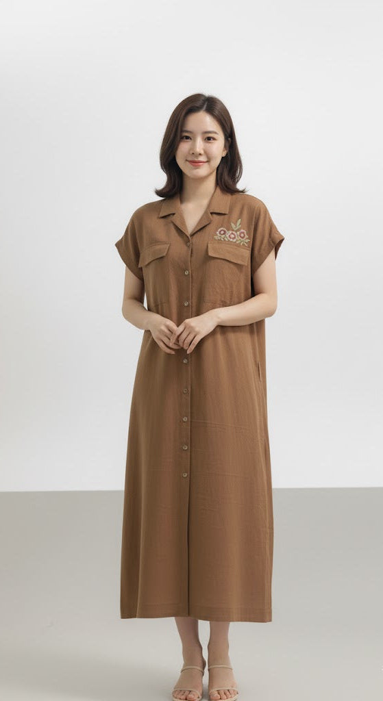 Đầm Linen Tưng Premium - Đầm Cổ Danton Thêu Túi