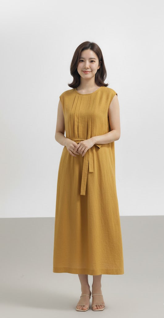 Đầm Linen Tưng Premium - Xếp Ly Eo Cột Dây