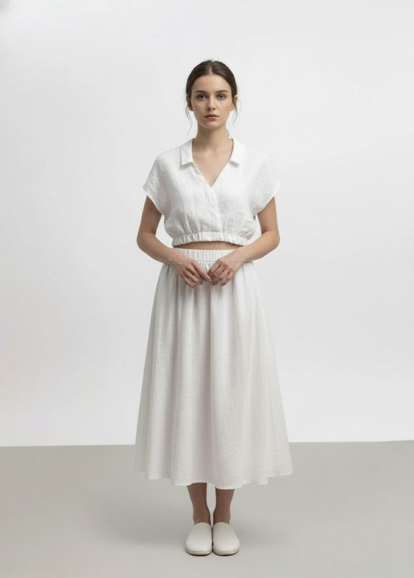 Đầm Linen Tưng Premium - Croptop Tay Liền Thun Eo