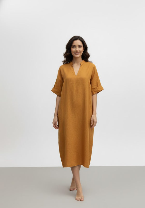 Đầm Linen Tưng Premium - Xếp Ly Vai Hất Cổ