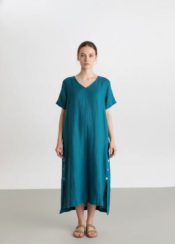 Đầm Linen Tưng Premium - Suông Nút Sườn