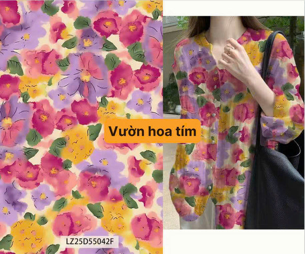 Vải Linen Tơ Bông - Vườn Hoa Tím